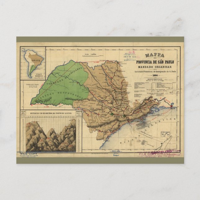 Map of São Paulo, Brazil (1886) Postcard (Front)