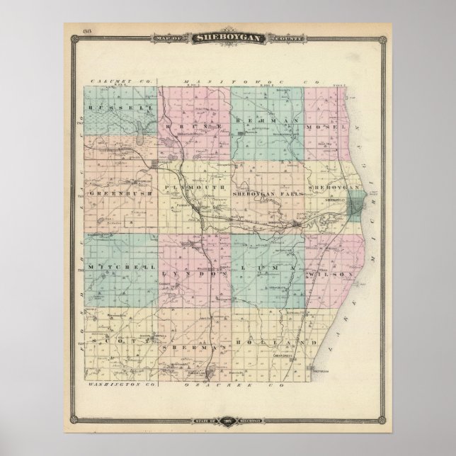 Map of Sheboygan County, State of Wisconsin Poster (Front)