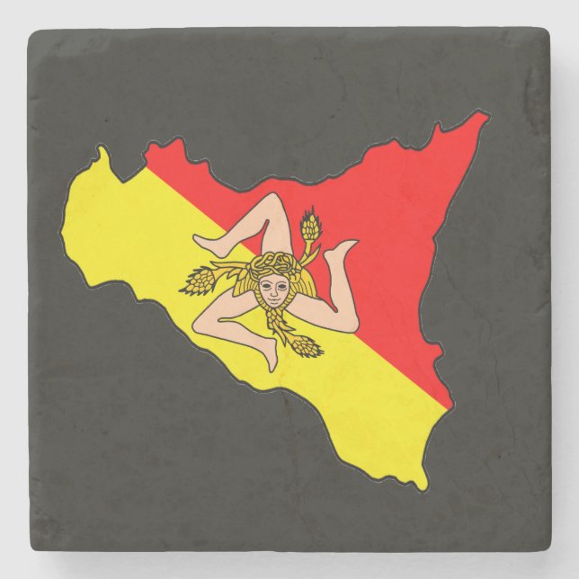 Map of Sicily with Trinacria Symbol Stone Coaster (Front)