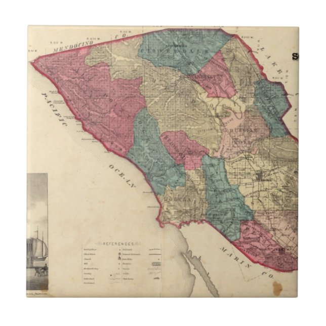 Map of Sonoma County California Tile (Front)