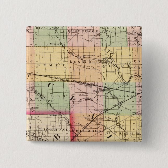 Map of St Clair County, Michigan 15 Cm Square Badge (Front)