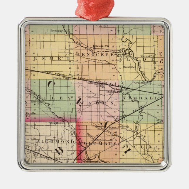 Map of St Clair County, Michigan Metal Tree Decoration (Front)