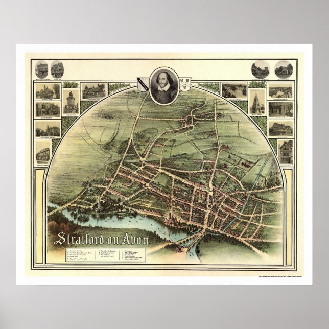 Map of Stratford on Avon, England by Brown 1908 Poster (Front)