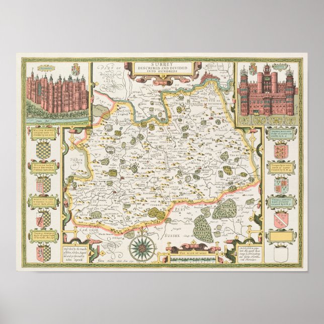 Map of Surrey, engraved by Jodocus Hondius Poster (Front)
