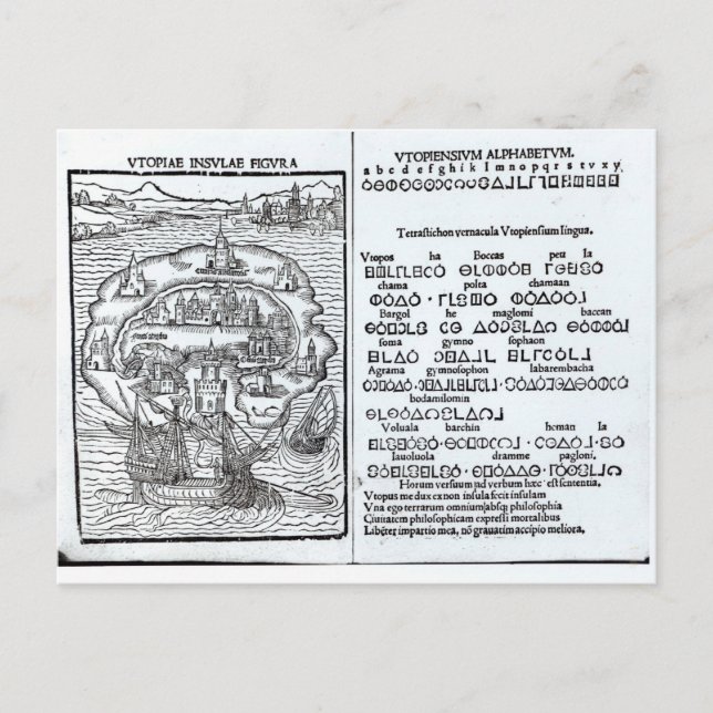 Map of the Island of Utopia and its Alphabet Postcard (Front)