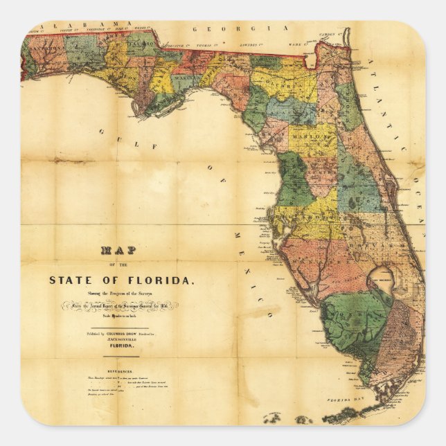 Map of the State of Florida (1856) Square Sticker (Front)
