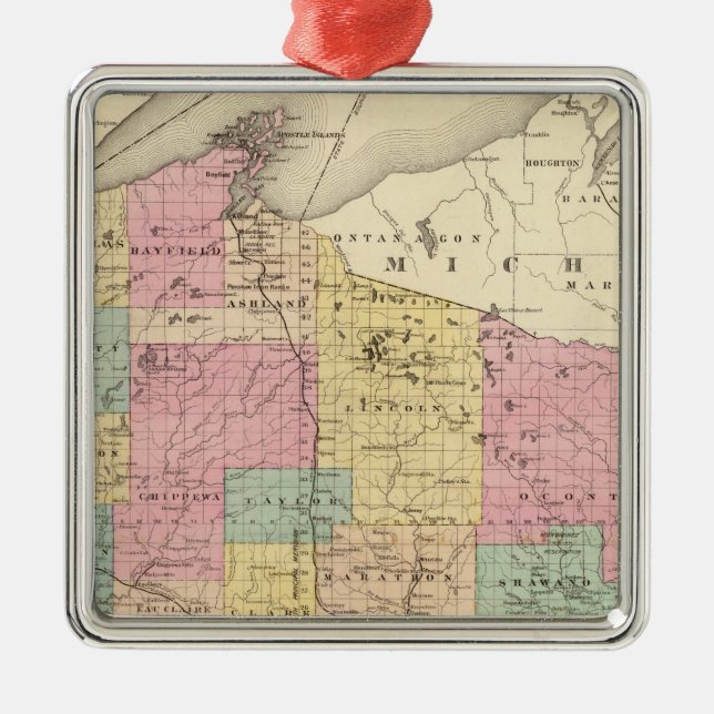 Map of the State of Wisconsin Metal Tree Decoration (Front)