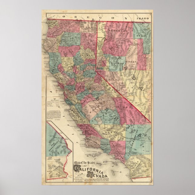 Map of the States of California and Nevada Poster (Front)