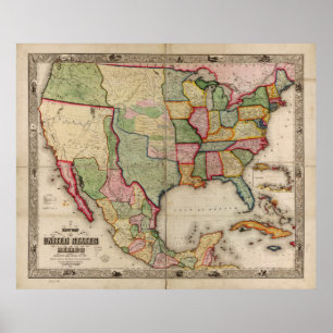 Map of the United States and Mexico (1847) Poster