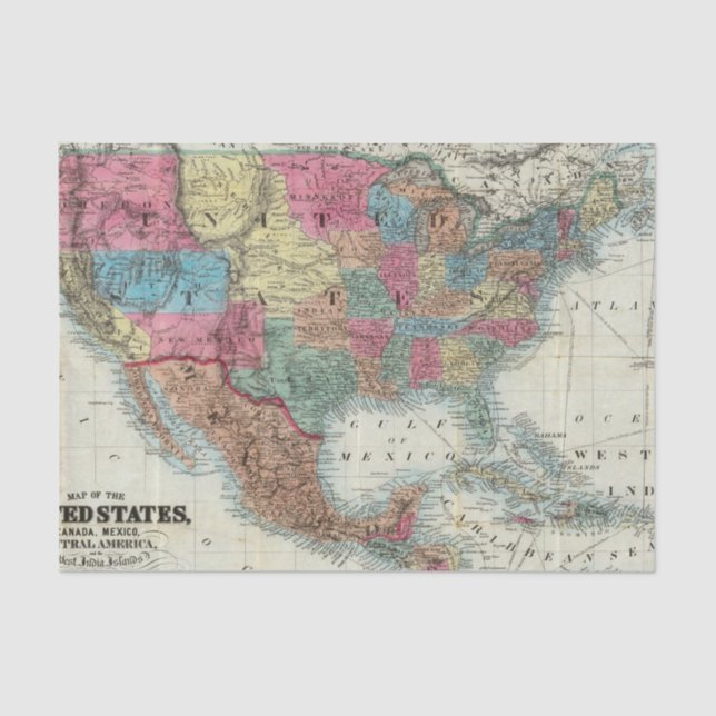 Map Of The United States, Canada, Mexico Tissue Paper (Front)