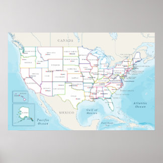 Map of the United States with State Capitals Poster