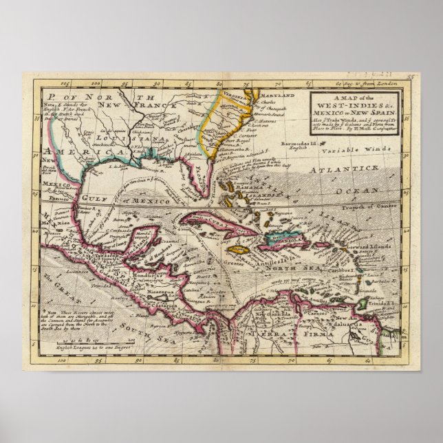 Map of the West Indies, Mexico or New Spain Poster (Front)
