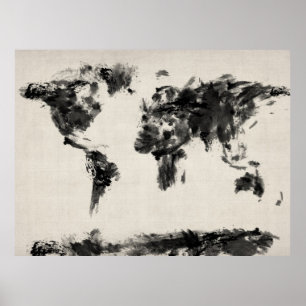 Map of the World Map Dark Abstract Painting Poster