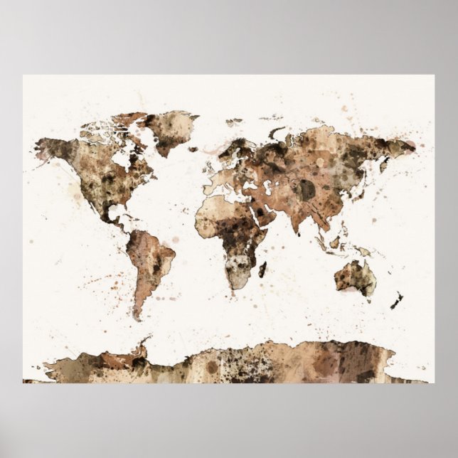 Map of the World Map Sepia Watercolor Poster (Front)