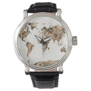 Map of the World Map Sepia Watercolor Watch