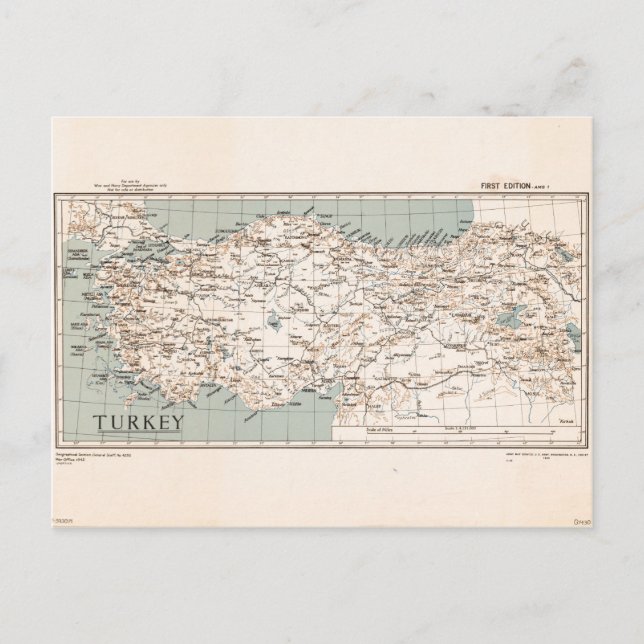 Map of Turkey (1943) Postcard (Front)