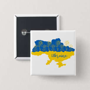 Map of Ukraine with sunflower and Ukrainian flag 15 Cm Square Badge
