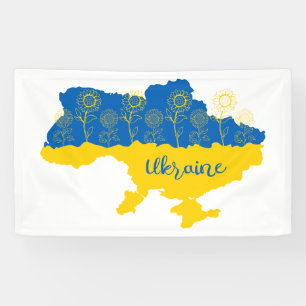 Map of Ukraine with sunflower and Ukrainian flag Banner