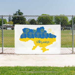 Map of Ukraine with sunflower and Ukrainian flag Banner