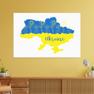 Map of Ukraine with sunflower and Ukrainian flag Canvas Print