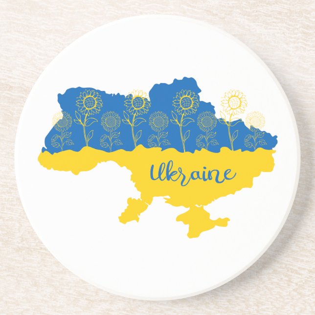 Map of Ukraine with sunflower and Ukrainian flag Coaster (Front)