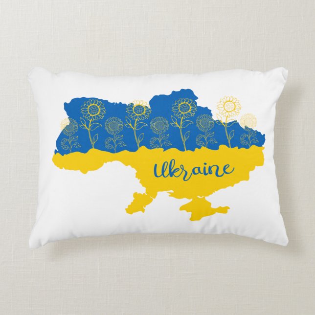 Map of Ukraine with sunflower and Ukrainian flag Decorative Cushion (Front)