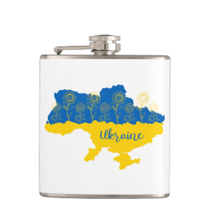 Map of Ukraine with sunflower and Ukrainian flag Hip Flask