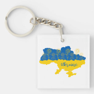 Map of Ukraine with sunflower and Ukrainian flag Key Ring