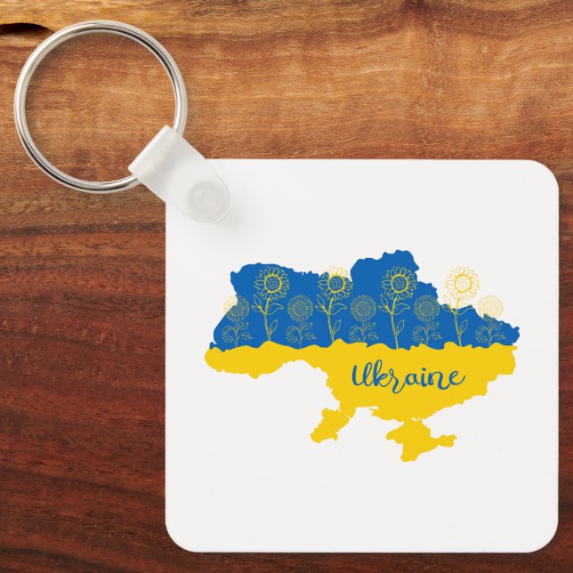 Map of Ukraine with sunflower and Ukrainian flag Key Ring (Front)