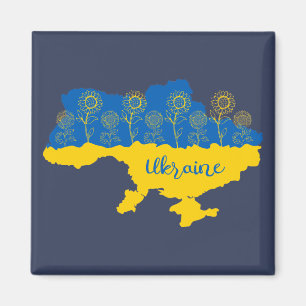 Map of Ukraine with sunflower and Ukrainian flag Magnet