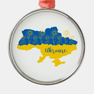 Map of Ukraine with sunflower and Ukrainian flag Metal Tree Decoration