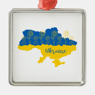 Map of Ukraine with sunflower and Ukrainian flag Metal Tree Decoration