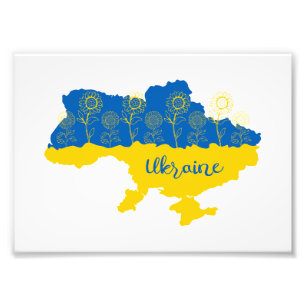 Map of Ukraine with sunflower and Ukrainian flag Photo Print