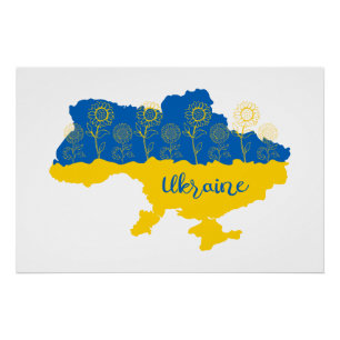 Map of Ukraine with sunflower and Ukrainian flag Poster