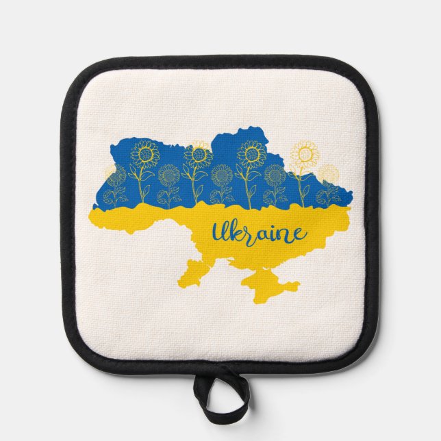 Map of Ukraine with sunflower and Ukrainian flag Pot Holder (Front)