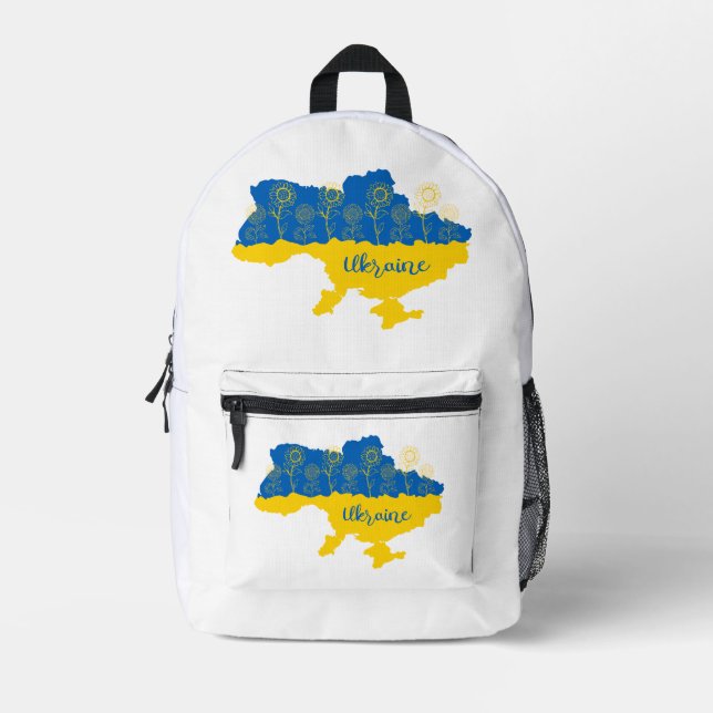 Map of Ukraine with sunflower and Ukrainian flag Printed Backpack (Front)