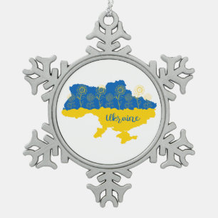 Map of Ukraine with sunflower and Ukrainian flag Snowflake Pewter Christmas Ornament