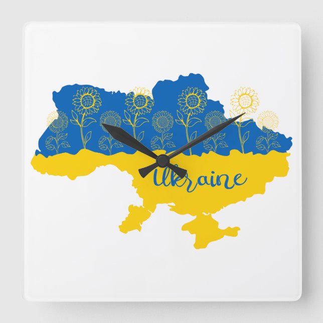 Map of Ukraine with sunflower and Ukrainian flag Square Wall Clock (Front)