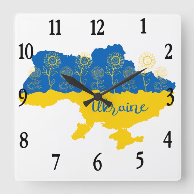 Map of Ukraine with sunflower and Ukrainian flag Square Wall Clock (Front)