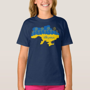 Map of Ukraine with sunflower and Ukrainian flag T-Shirt