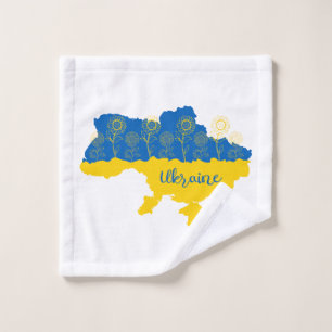Map of Ukraine with sunflower and Ukrainian flag Wash Cloth