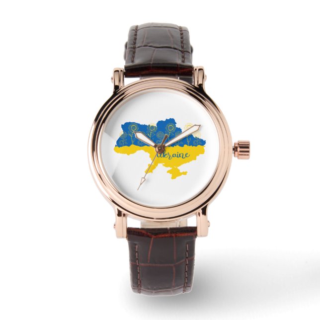 Map of Ukraine with sunflower and Ukrainian flag Watch (Front)