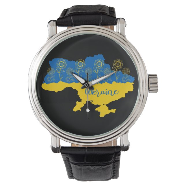 Map of Ukraine with sunflower and Ukrainian flag Watch (Front)