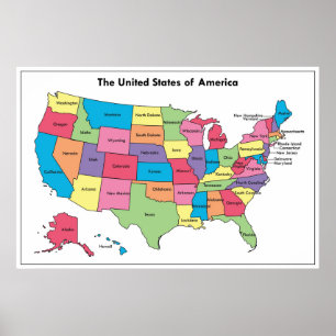 Map of USA Labelled Colour Poster