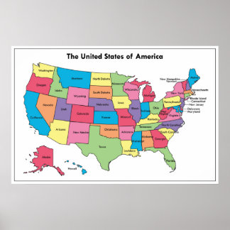Map of USA Labelled Colour Poster