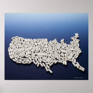 Map of USA made of white pills Poster