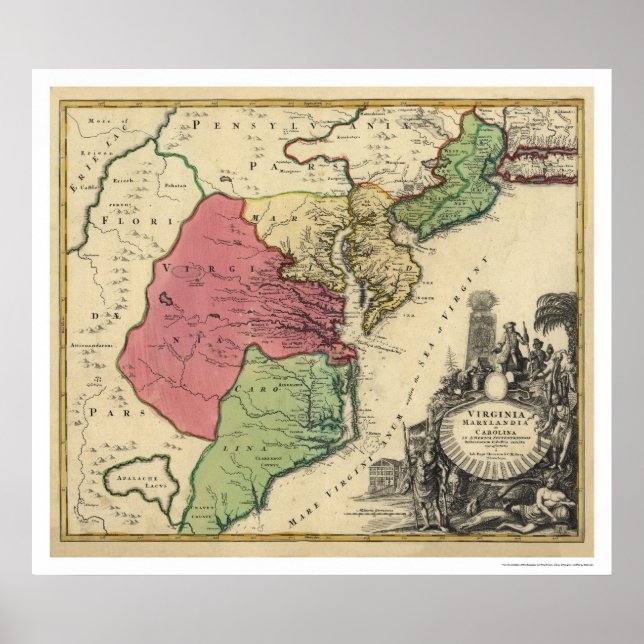 Map of Virginia, Marylandia, and Carolina 1714 Poster (Front)
