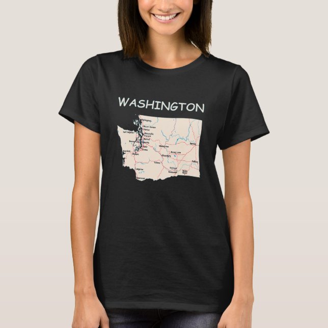 Map Of Washington State Major Cities Lakes And Riv T-Shirt (Front)