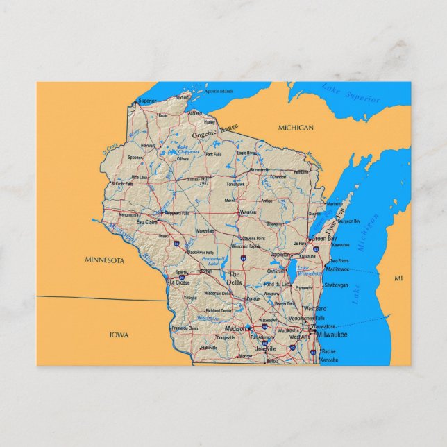 Map of Wisconsin Post Cards (Front)