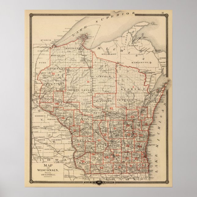 Map of Wisconsin showing senatorial districts Poster (Front)